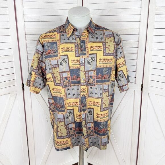 Tori Richard Desert Tropical Print Camp Hawaiian Shirt Yellow Blue Medium - Picture 10 of 10